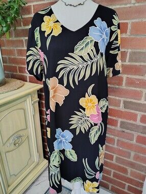 Vintage 90s Back East Tropical Floral Rayon Shift Dress M Coastal Grandma Resort